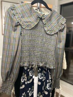 Sunday Up Plaid Smocked Blouse Peter Pan Collar Ruffle Trim Crop Top Size S